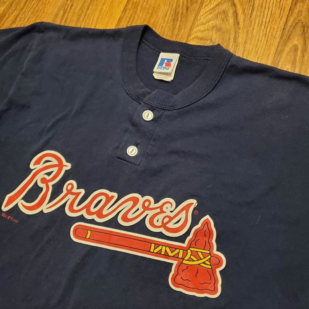 Vintage 90s Atlanta Braves Shirt Boys‎ XL Blue Baseball MLB Russell Athletic 98